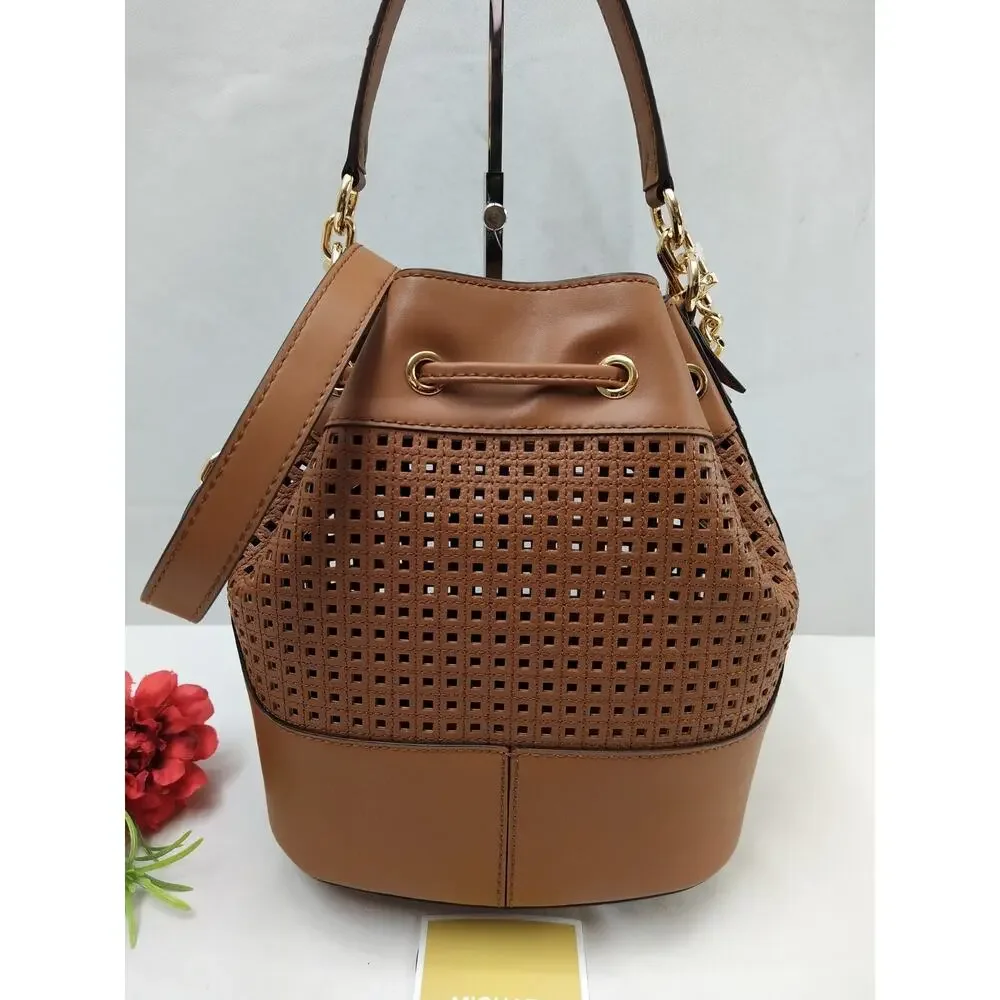 Michael Kors Devon Brown Leather Drawstring Bucket Shoulder Bag - NWT $498